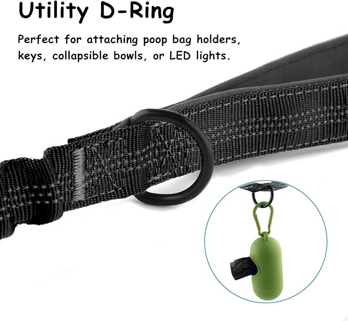 Bungee Dog Leash with Shock Absorption, Dual Handles for Pull Control, Reflective Nylon, Zinc Alloy Hook, D-Ring for Poop Bags, Black, L