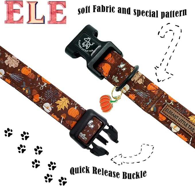 Elegant little tail Halloween Dog Collar, Pumpkin with Maple Leaf Print Fall Pet Collars Cotton Soft Sturdy Puppy Collars Holiday Female Adjustable Collar for Medium Dogs