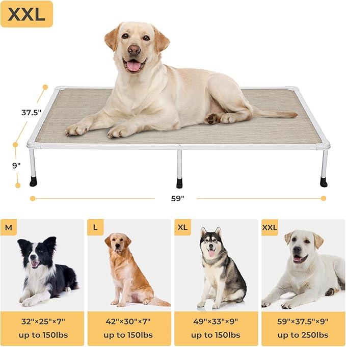 Veehoo Chewproof Elevated Dog Bed - Cooling Raised Pet Cot, Breathable Mesh, Washable & Non-Slip for large Dogs, Indoor/Outdoor, Beige Coffee Mat and Silver Metal Frame, 59x37inches (Model CWC2203B03)