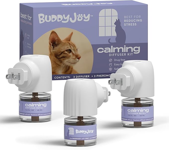 BUDDYJOY Cat Calming Diffuser Refills – Long-Lasting 30-Day Formula, Cat Pheromones Calming Diffuser for Stress Relief, Relaxation, and Anxiety Reduction, Easy to Use – (3 Diffusers + 3 Refills)