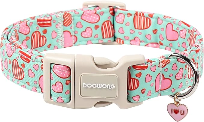 DOGWONG Valentine's Day Cute Loving Heart Printed Collar for Small Medium Large Dogs - Blue Cotton Collar for Girl and Boy Dogs