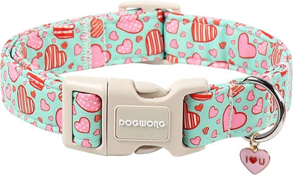 DOGWONG Valentine's Day Cute Loving Heart Printed Collar for Small Medium Large Dogs - Blue Cotton Collar for Girl and Boy Dogs
