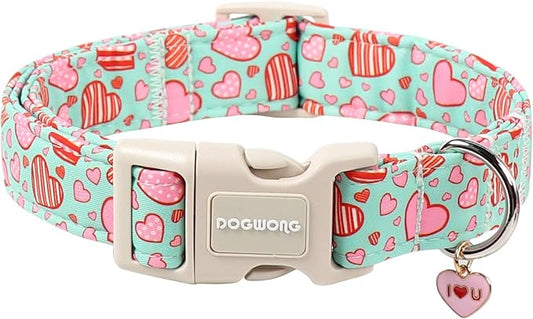 DOGWONG Valentine's Day Cute Loving Heart Printed Collar for Small Medium Large Dogs - Blue Cotton Collar for Girl and Boy Dogs