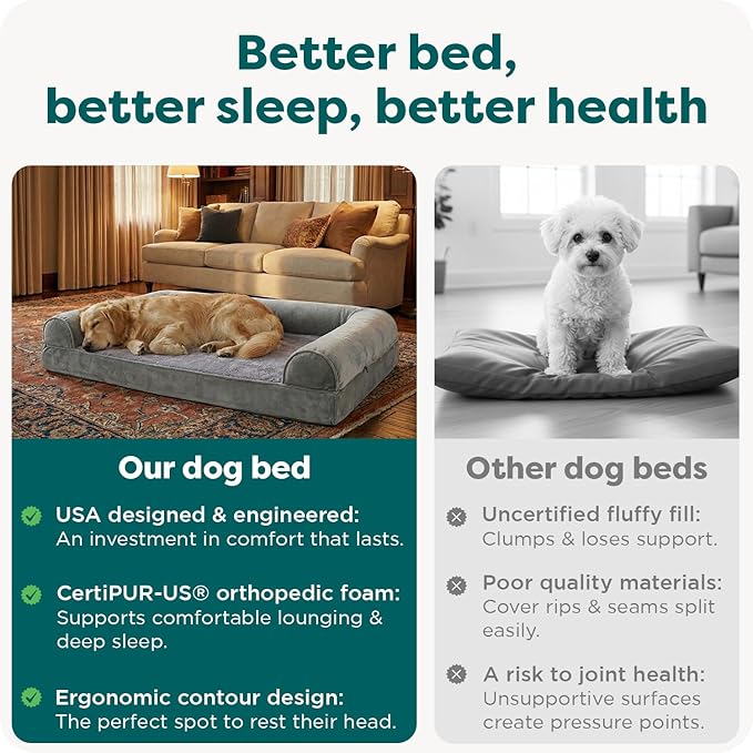 Furhaven Cooling Gel Dog Bed for Large/Medium Dogs w/ Removable Bolsters & Washable Cover, For Dogs Up to 55 lbs - Faux Fur & Velvet Sofa - Dark Sage, Large