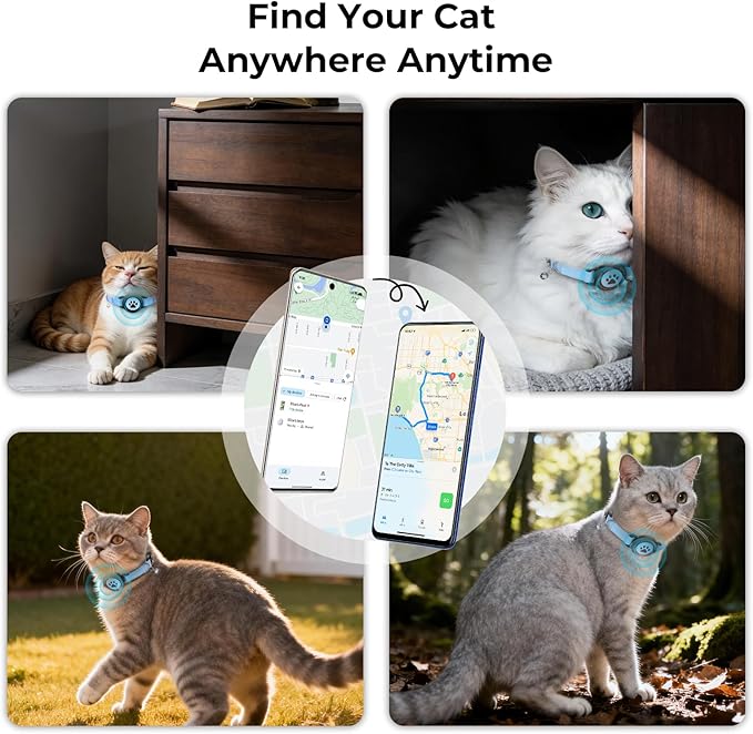 1 Pack GPS Cat Tracker Collar(iOS & Android), Bluetooth Mini GPS Dog Tracker, Smart Pet Activity Tracker, No Monthly Fee, Work with Apple Find My & Google Find Hub, Finder Tag for Pets,Items