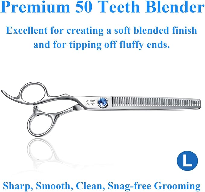 JASON Left Handed 7" 50 Teeth Blending Dog Grooming Scissor, Ergonomic Cats Grooming Thinning Shears Pets Trimming Kit with Offset Handle and a Jewelled Screw, Sharp, Comfortable Blender Christmas