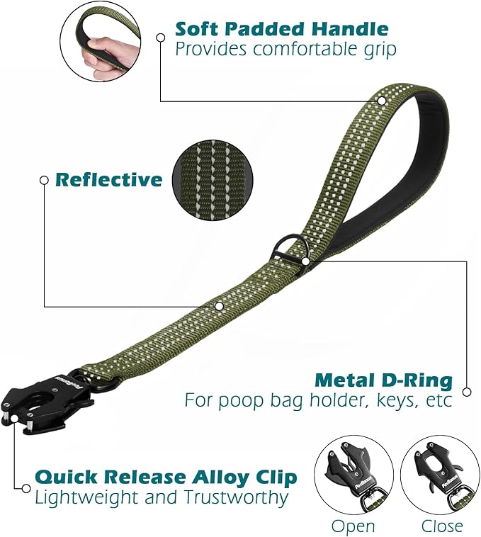 PetBonus Heavy Duty Short Dog Leash, 18 Inch Nylon Traffic Leash with Quick Release Clip, Comfortable Padded Handle, Reflective Training Lead for Medium Large Dogs (Army Green, 18")