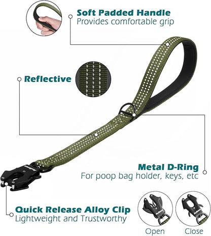 PetBonus Heavy Duty Short Dog Leash, 18 Inch Nylon Traffic Leash with Quick Release Clip, Comfortable Padded Handle, Reflective Training Lead for Medium Large Dogs (Army Green, 18")