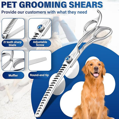 JASON 7" Curved Chunker - Ergonomic Dog Grooming Scissors - Silver - 440C Stainless Steel - Professional Dog Shears For Groomer (21-Teeth) Christmas Gift