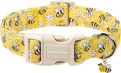 Lionet Paws Spring Dog Collar- Cute Bees Yellow Dogs Collar with Plastic Buckle and Bee Pendant,Dog Collar for Medium Large Dogs