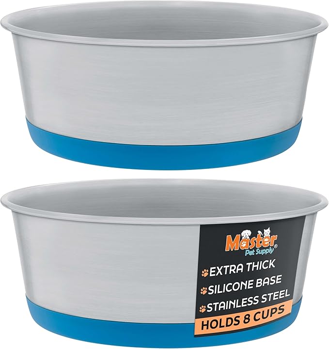 Master Pet Supply Stainless Steel Dog Bowls Set of 2 with Extra Thick Silicone Base - 8 Cup (64 oz) True Blue, Non-Slip, Dishwasher Safe Metal Bowls, Pet Dog Food Bowl for Dogs, Cats, Anti Rust