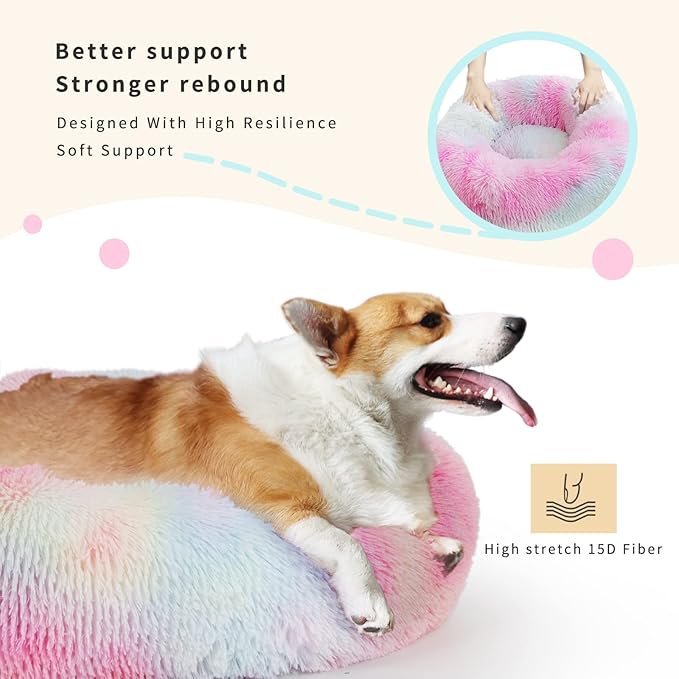 Calming Dog Bed for Medium Dogs Washable Donut 30 inches Anti-Slip Pet Bed,Round Fluffy Plush Faux Fur Cat Bed,Fits up to 45 lbs Pets,Multi Colored