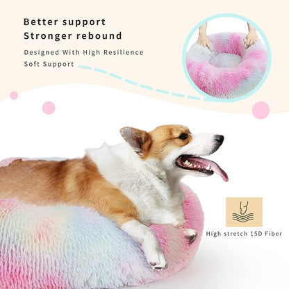 Calming Dog Bed for Medium Dogs Washable Donut 30 inches Anti-Slip Pet Bed,Round Fluffy Plush Faux Fur Cat Bed,Fits up to 45 lbs Pets,Multi Colored