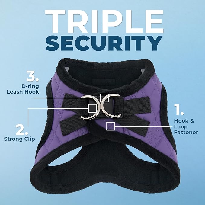 Best Pet Supplies - All Weather Plush, Reflective, No Pull Harness for Small, Medium Dogs, Cats - Secure with Hook & Loop Fastener, Buckle, Double D-Rings - Purple Faux Leather, L