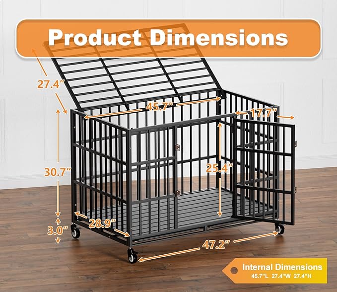HMHTCT 48 Inch Heavy Duty Dog Crate with Wheels,Indestructible Escape-Proof Dog Kennel with Locking Latch and Double Door,Extra Large XL XXL Crate Indoor for Large and Medium Dog with Removable Tray