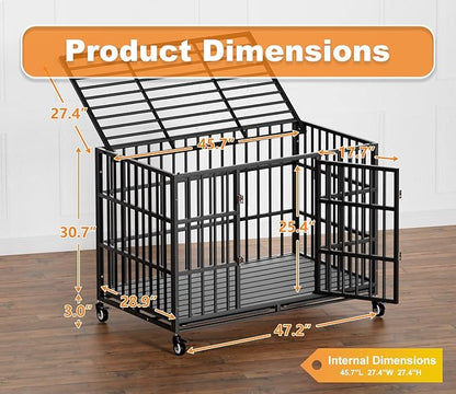 HMHTCT 48 Inch Heavy Duty Dog Crate with Wheels,Indestructible Escape-Proof Dog Kennel with Locking Latch and Double Door,Extra Large XL XXL Crate Indoor for Large and Medium Dog with Removable Tray