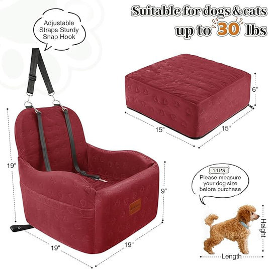 Lealchum Dog Car Seat for Small/Medium Dogs,6in Elevated Cushion,Fits in Front/Back Seat,Fully Detachable and Washable,2 Storage Pockets,Easy to Install (Red, Medium)