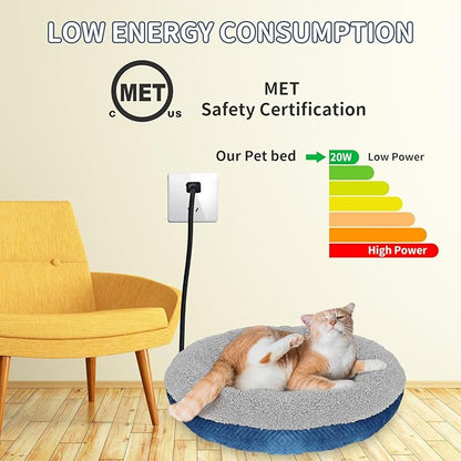 AUPETEK Heated Cat Beds for Indoor Cats Warming Cat Beds Super Soft Machine Washable Thermo Kitty Electric Heating Bed 19 Inches Round