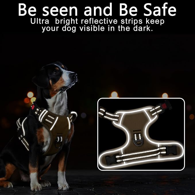 Timos Dog Harness Large Sized, No Pull Pet Harness with Neck Lockable Snap,No Choke Front Clip Dog Reflective Vest,Adjustable Metal Rings 3 Buckles,Easy Control Handle for Large Dogs Khaki L