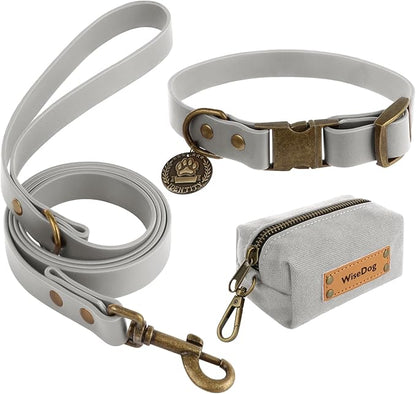 Wisedog Dog Collar and Leash Set, Waterproof Adjustable Puppy Collars with Cute Tag 5FT Dog Leash with Poop Bag for Small Medium Large Dogs (M, Grey)