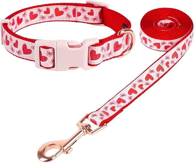 azuza Valentine's Day Dog Collar and Leash Set, Adjustable Pink Dog Collar with Sparkly Red Hearts Matching Leash Valentines Day Gifts for Large Dogs