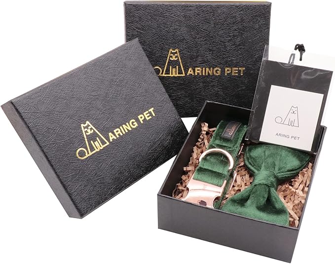 ARING PET Christmas Dog Collars with Bowtie, Cute Xmas Green Velvet Pet Bow Tie Collar with Metal Buckle for Puppy Small Medium Large Boy Girl Dogs-S