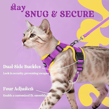 rabbitgoo Cat Harness and Leash for Walking, Escape Proof Soft Adjustable Vest Harnesses for Cats, Easy Control Breathable Reflective Strips Jacket, Purple&Yellow,XS