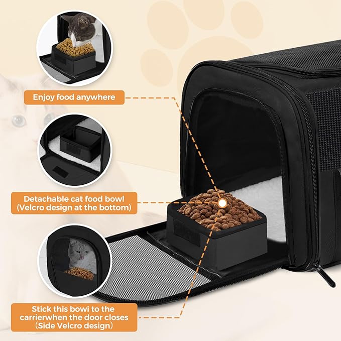 FOORLON Cat Carrier Soft for Pets Up to 25 Lbs, Cat Travel Bag with Padded Shoulder Strap and Detachable Cat Food Bowl, Pet Dog Carriers for Small Dogs Travel Puppy Carry Airline Approved, Black