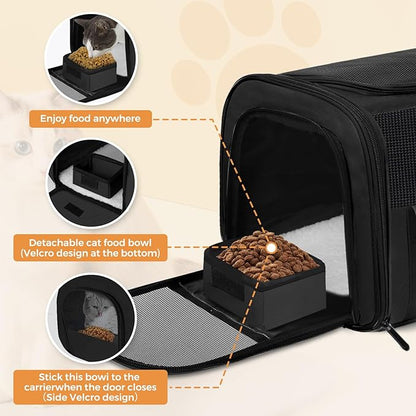 FOORLON Cat Carrier Soft for Pets Up to 25 Lbs, Cat Travel Bag with Padded Shoulder Strap and Detachable Cat Food Bowl, Pet Dog Carriers for Small Dogs Travel Puppy Carry Airline Approved, Black
