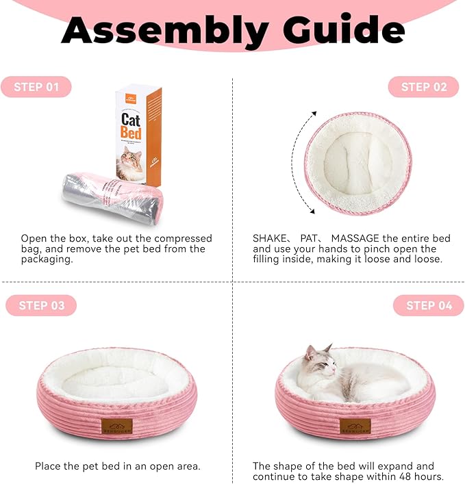 Zerbuger 20in Washable Cat Beds for Indoor Cats - Round Donut Pet Bed for Cats, Small Dogs, Puppy, Kitten - Anti-Slip Bottom, Calming Bed Gift - Pink