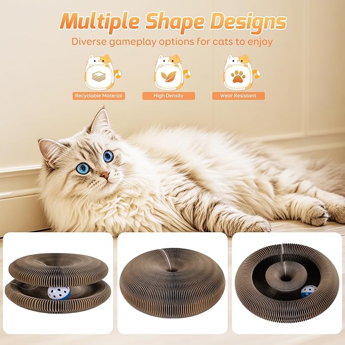 Magic Organ Cat Scratcher Toy, Foldable & Reversible Accordion Kitty Toy with Bell Ball, Interactive Cardboard Scratching Board Scratcher Pad for Indoor Cats (1 Pack)
