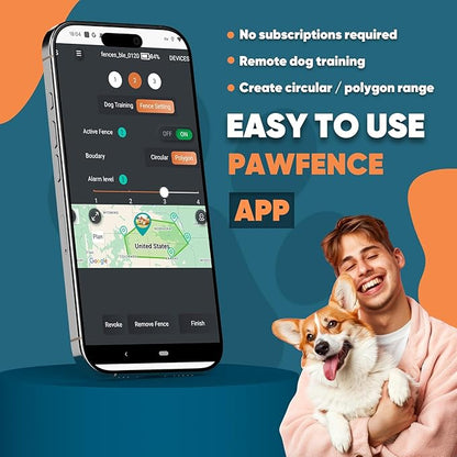 GPS Wireless Dog Fence with Free App, Electric Fence System with Training Collar, Portable Fence for Outdoor Use, Rechargeable Waterproof Flexiable Collar, Adjustable for Large Medium Dogs (Grey)