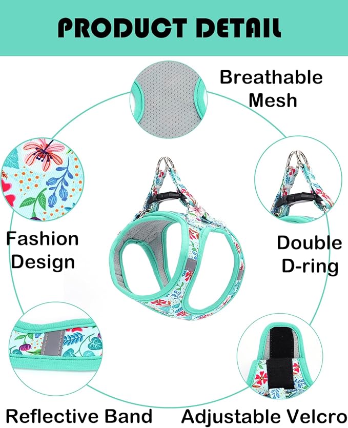 Moonpet Step in Dog Harness Leash Set- All Weather Reflective No-Pull Floral Pattern Padded Mesh Vest Harness for Cats Puppy Extra-Small Small Medium Large Dogs - Verdure Flower - XXS