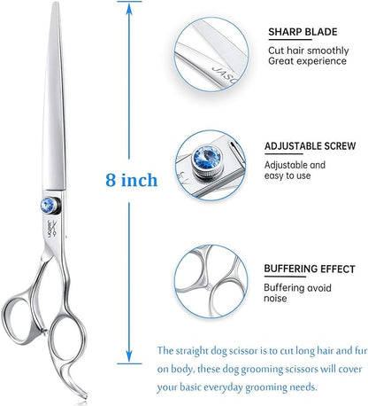 JASON 8" Straight Dog Grooming Scissors Long Pets Grooming Shears Premium Cats Trimming Kit with Offset Handle and a Jewelled Screw Sharp Comfortable Christmas Gift