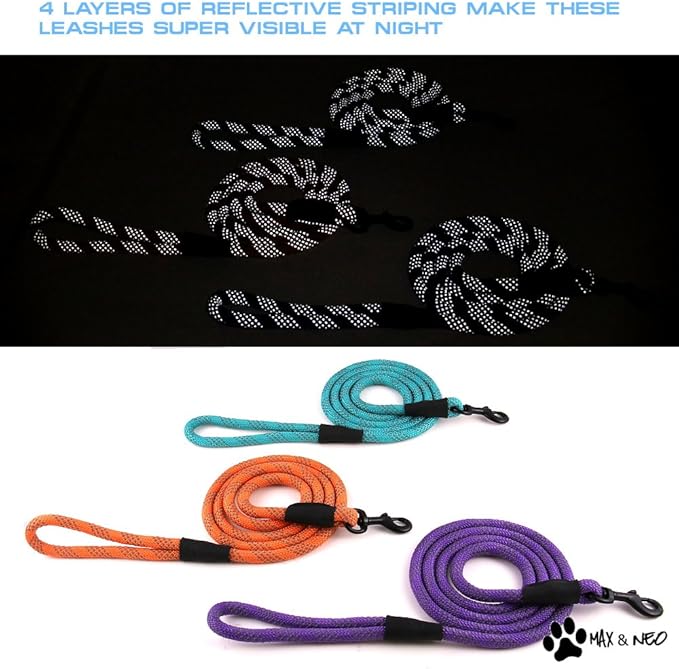 Max and Neo Rope Leash Reflective - 6 FT x 1/2" (Orange, Donates to Dog Rescue)