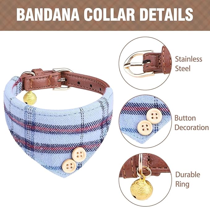 KOOLTAIL Small Dog Collar and Leash Set with Bowtie and Bells - Cute Puppy Bandana Collar and Leash for Male with Classic Plaid Pattern, Soft Leather Tangle Free Leashes for Small Dogs Boys Girls,Blue