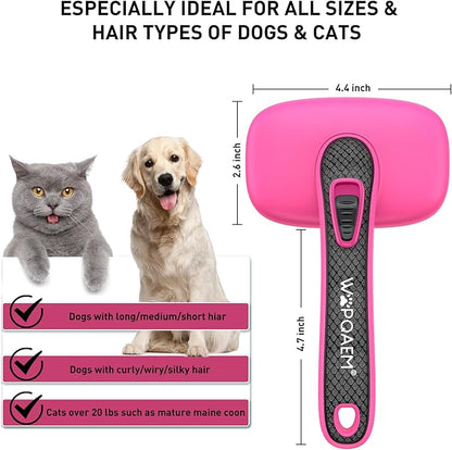 WOPQAEM Self Cleaning Slicker Brush for Dog, Cat, Skin Friendly Shedding & Grooming Tool for Long and Short Haired Pets, Easy Clean Retractable Bristles, Pink