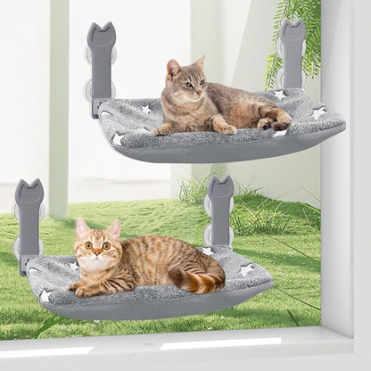 2 Pack Cat Window Perch,Cat Window Hammock Cordless Foldable Window Bed with 4 Large Strong Suction Cup,Reversible Cushion Cover,Metal Frame Easy to Adjust Window Seat Holds up to 40lbs(Star White，M