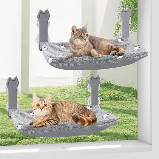 2 Pack Cat Window Perch,Cat Window Hammock Cordless Foldable Window Bed with 4 Large Strong Suction Cup,Reversible Cushion Cover,Metal Frame Easy to Adjust Window Seat Holds up to 40lbs(Star White，M