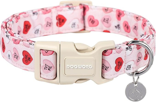 DOGWONG Pink Heart Dog Collar, Small, Soft Cotton, Unique Valentine's Day Design, Breakaway Closure