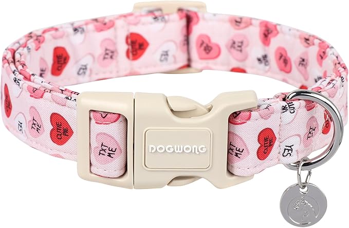DOGWONG Valentine's Dog Collar, Adjustable Durable Pink Heart Dog Collar Cute Girl Dog Collar for Small Medium Dogs