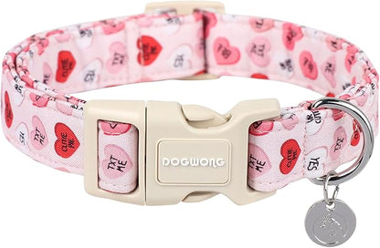 DOGWONG Valentine's Dog Collar, Adjustable Durable Pink Heart Dog Collar Cute Girl Dog Collar for Small Medium Dogs