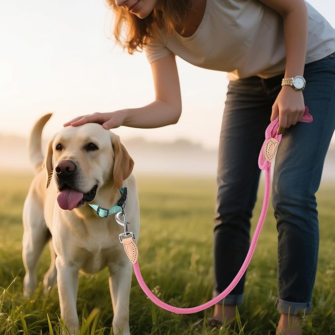 Mile High Life Rope Leash with Genuine Leather Connection, 6 FT/5 FT/4 FT, Heavy Duty Leash for Small Medium & Large Dogs (Hot Pink,48 Inch)