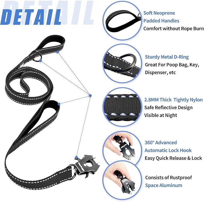 Strong Heavy Duty Dog Leash - 4ft Reflective Nylon Training Leash with Soft Padded Double Handle & Auto Lock Frog Clip - Safety Traffic Control for Large Medium Small Dogs No Pull Walk Black Black,4ft