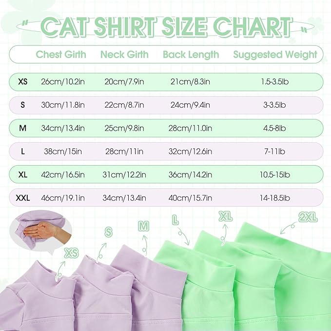 OUOBOB Sphynx Hairless Cat Clothes, Soft Cotton Pullover Turtleneck Shirt with Sleeves for Kitten Puppy Small Dogs, Cat Pajamas for All-Season - Green S