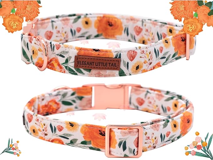 Elegant Little Tail Fall Dog Collar - Durable Orange Floral Dog Collar for Medium Dogs, Adjustable for Male or Female Pets - Perfect