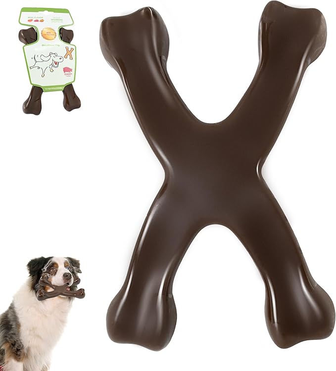 IPTPAS Tough Dog Chew Toy for Aggressive Chewers, Indestructible Beef Flavor Nylon Bone, Durable Dental Toy for Teeth Cleaning & Anxiety Relief, for Small Medium Large Dogs, Keep Them Busy (Brown-X)