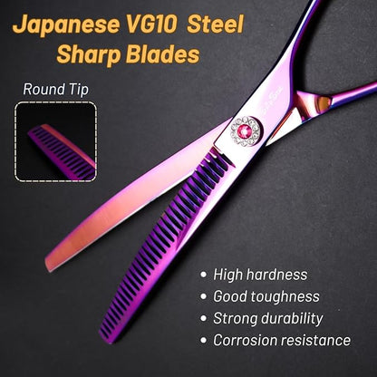 7" 33 Teeth Professional Dog Grooming Scissors, 25 Degree Curvature Pet Curved Chunker Thinning Shears, Japanese VG10 Steel Sharp, Smooth Cutting Scissors for Dogs Cats and Other Pets Face and Paws