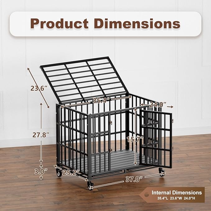 Snuowu 38 Inch Heavy Duty Dog Crate with Wheels，Indestructible Escape-Proof Dog Cage for Large Dogs, Extra Large XL XXL Indestructible Dog Crate with Removable Tray.