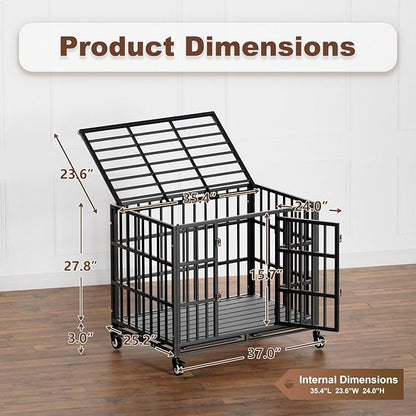 Snuowu 38 Inch Heavy Duty Dog Crate with Wheels，Indestructible Escape-Proof Dog Cage for Large Dogs, Extra Large XL XXL Indestructible Dog Crate with Removable Tray.
